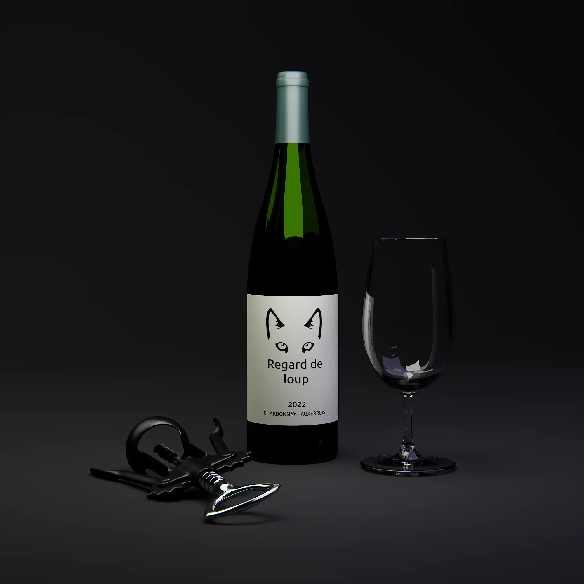 Mockup de la bouteille 'Regard de loup'